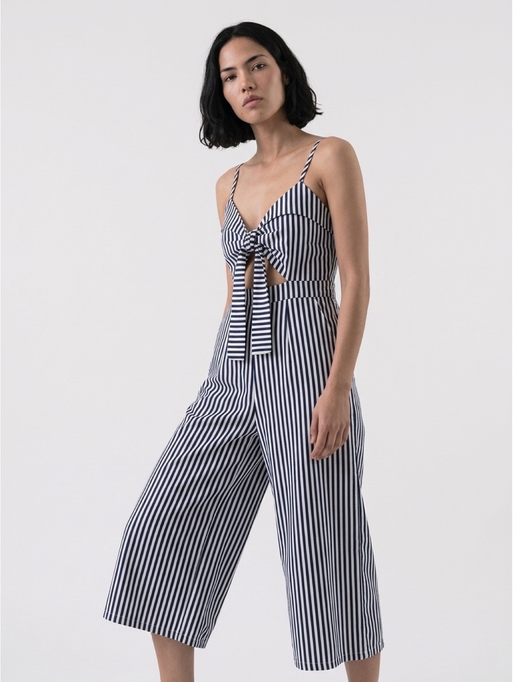 Main Strip Navy and White Striped Wide-Leg Jumpsuit with Front Tie Detail